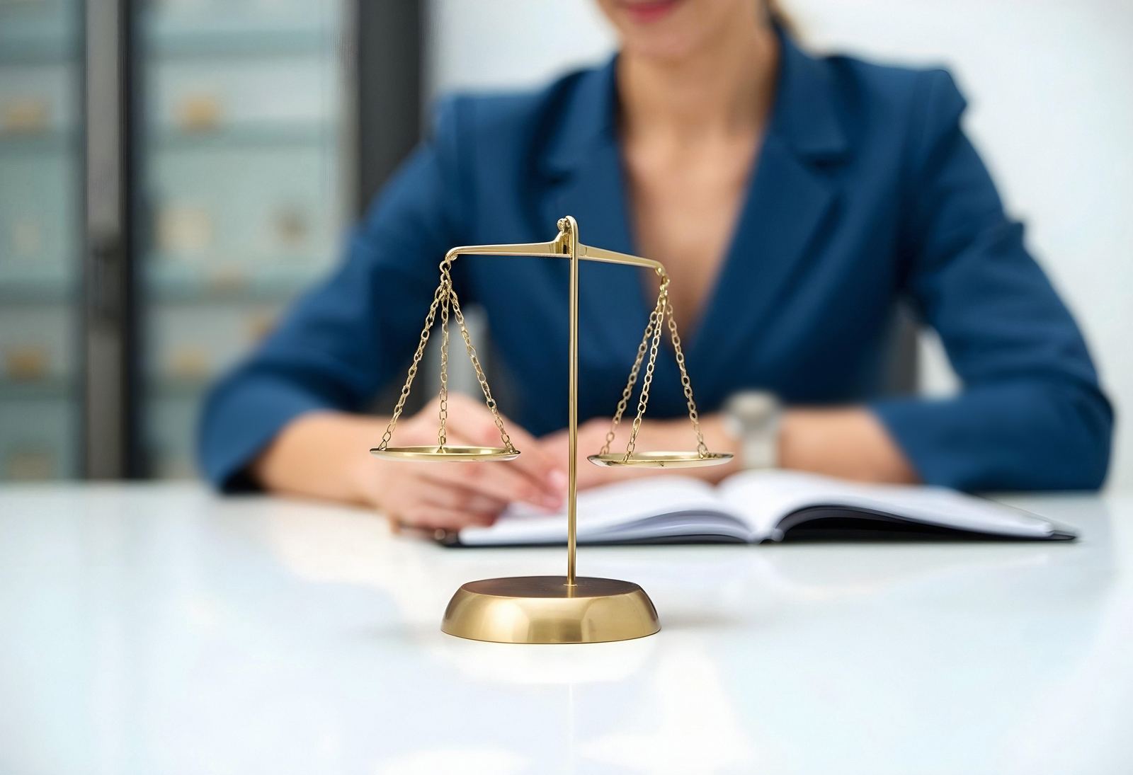 Advogada analisando um caso, com a balança da justiça em primeiro plano, representando a proteção jurídica na curatela